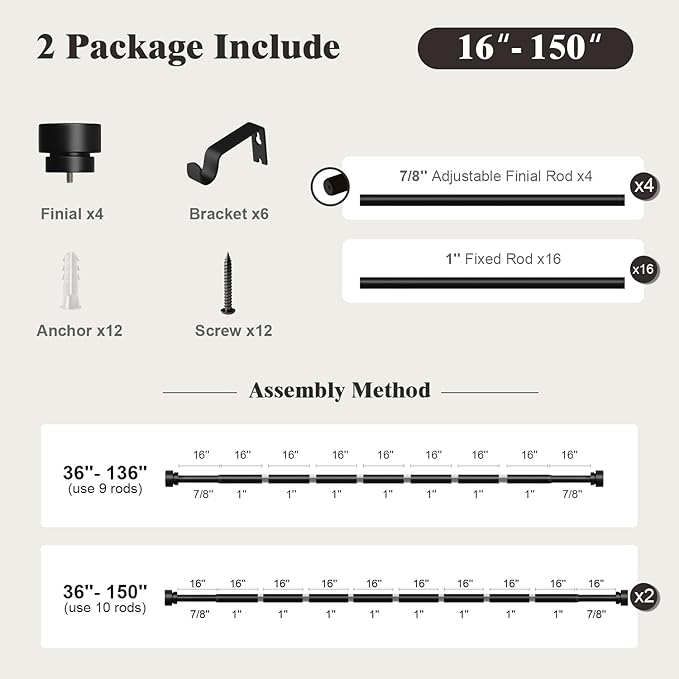 Oneach 2-Pack Heavy Duty Curtain Rods for Windows 72 to 144 Inch, 1 Inch Pole Adjustable Curtain Rod with Easy Installation and Modern Design (Black, 16 to 150 Inch)