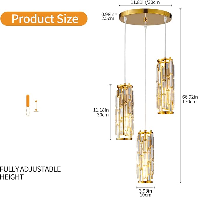 LMQNINE Pendant Lighting Modern Pendant Light, Mini Crystal Chandeliers,Adjustable Pendant Light Fixture for Kitchen Island Dinning Room Bedroom (Gold, 3-Light)