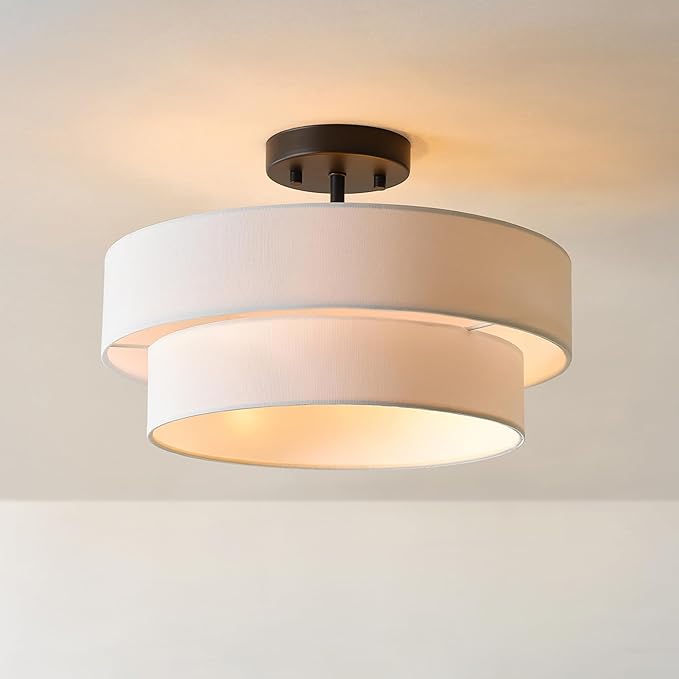 Globe Electric 66000138 2-Light Semi-Flush Mount Ceiling Light, Matte Black, 2-Tier, White Linen Shade, Home Improvement, Dining Room, Kitchen