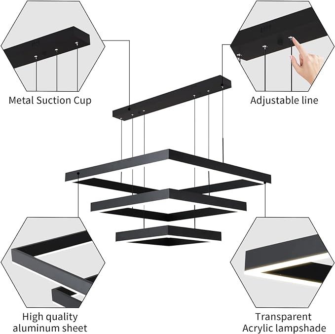 Modern LED Square Chandelier, 3 Ring Dimmable for Living, Dining, Bedroom & Foyer - High Ceiling Hanging LED Pendant Light Fixture (Black)