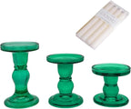Green Glass Candle Holders Set of 3 Clear Candlestick Holders Vintage Candle Stands for Pillar Taper Candle Tealight Home Decor Table Centerpieces Christmas, Candleholder Sets with 4 Pcs Taper Candles