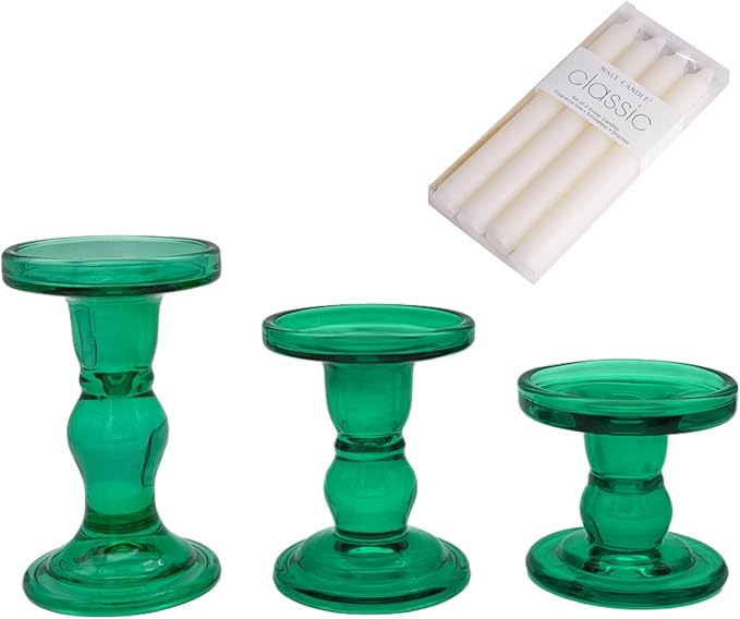 Green Glass Candle Holders Set of 3 Clear Candlestick Holders Vintage Candle Stands for Pillar Taper Candle Tealight Home Decor Table Centerpieces Christmas, Candleholder Sets with 4 Pcs Taper Candles