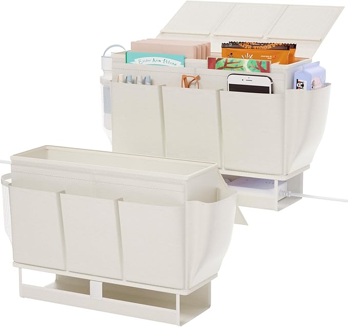 Bedside Caddy, Bed Organizer with 11 Pockets and Power Strip Holder,Versatile Bedside Storage Caddy for Home,Dorm,Bunk,Hospital,Crib Bed (2 Pack White)