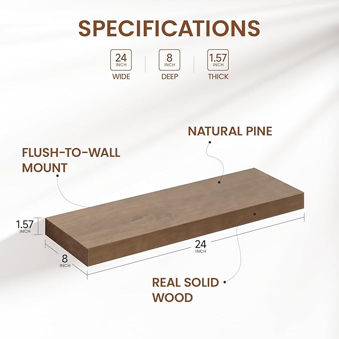 Heimlove 24 inch Floating Shelves for Wall,2 Packs Natural Pine Solid Wood Bathroom Shelf Over Toilet Decor and Storage 8 inches Deep for Kitchen Bedroom Office & Living Room Display Wall Decor