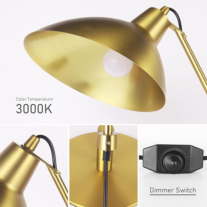 Desk Lamp Modern Industrial 100% Metal Table Lamp 22", Soft White Light (3000K) with Adjustable Switch, Ideal for Office Bedroom Study Room Living Room Nightstand Bedside Lamps Brass
