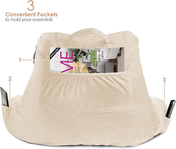 Nestl Reading Pillow Standard Bed Pillow, Back Pillow for Sitting in Bed Shredded Memory Foam Chair Pillow Reading & Bed Rest Pillows Beige Cream Back Pillow for Bed, Bed Chair Arm Pillow with Pockets
