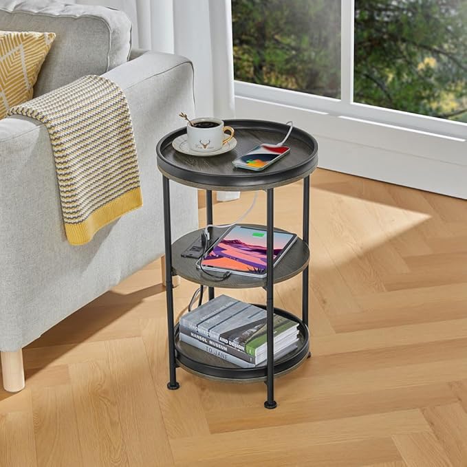 Dulcii Round Side Table with Charging Station, End Table with 3 Shelves for Living Room, Bedroom Nightstand with Steel Frame for Small Spaces, Industrial Round Sofa Table (USB+Grey)