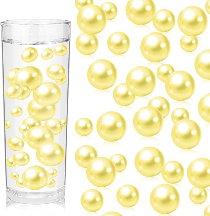 100PCS Light Yellow Faux Pearls Beads for Centerpiece Vases, Vase Filler Faux Pearls, No Holes Filler Beads for Easter Party Anniversary Birthday Wedding Table Decor, 14/20/30mm