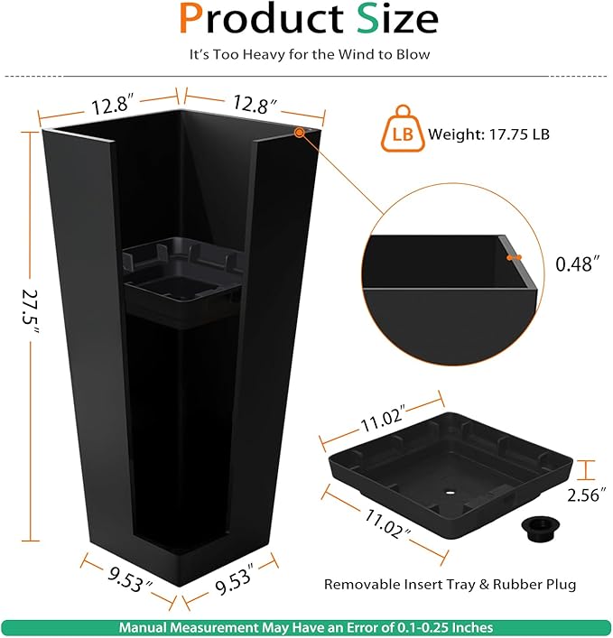 Tall Planters for Outdoor Plants, Large Resin Flower Pots for Garden, Front Porch, Patio, Indoor - Set of 2 (Black, 27.5 inch - 2 Pack)