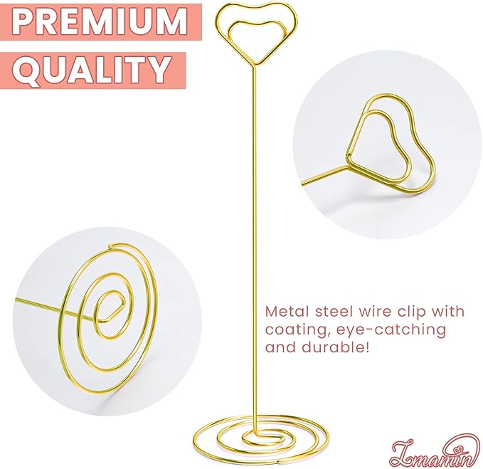 16pcs Place Card Holders, 8.75 Inches Tall Table Number Holders, Gold Picture Holder for Tables with Heart Shaped Clip for Wedding, Photos, Food Signs, Memo Notes, Restaurant, Birthday
