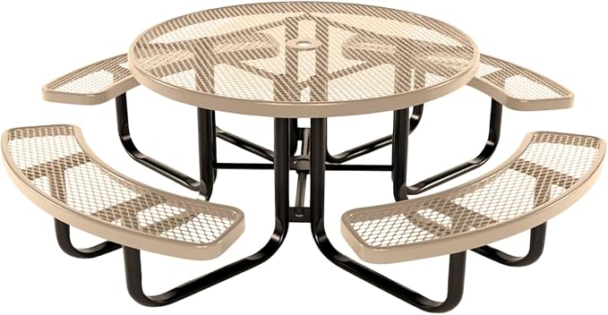 Coated Outdoor Furniture Heavy-Duty Portable Outdoor Kids Table with Umbrella Hole, Expanded Metal Kids Picnic Table, Commercial-Grade, Made in America (46 In, Round, Childrens, Tan)