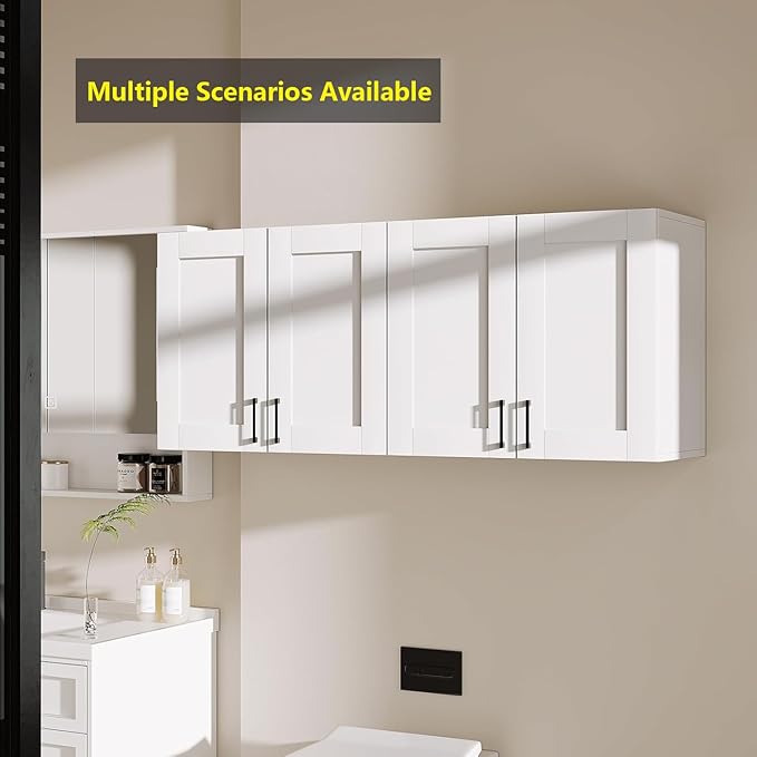White Laundry Room Cabinets and Storage with 4 Doors and Utility Adjustable Shelf，Gabinetes Para Cocina Cupboard Kitchen Organizers and Storage Pantry Wall Mounted 12.4"D x 47.2"W x 19.7"H