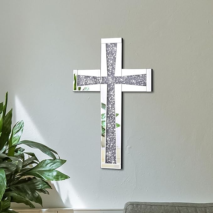 Aeveco Silver Mirrored Wall Cross 20×13 inch, Crystal Crush Diamond Cross for Wall, Living Room, Bedroom, Home Decor