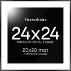 Homeforia 24x24 Picture Frame Black, High End Metal 24 x 24 Large Square Poster Frame Matted to 20 x 20 in Photo, 24by24 Thin Black Frames with Mat 20x20 inch Print, Tempered Glass, Wall Kit, Set of 1