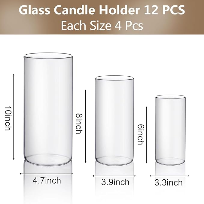 PHOSPHOR Hurricand Candle Holder 12 PCS, Glass Pillar Candle Holder, Clear Glass Cylinder Candleholder Glass Cylinder Vase for Centerpieces Wedding Party Decoration