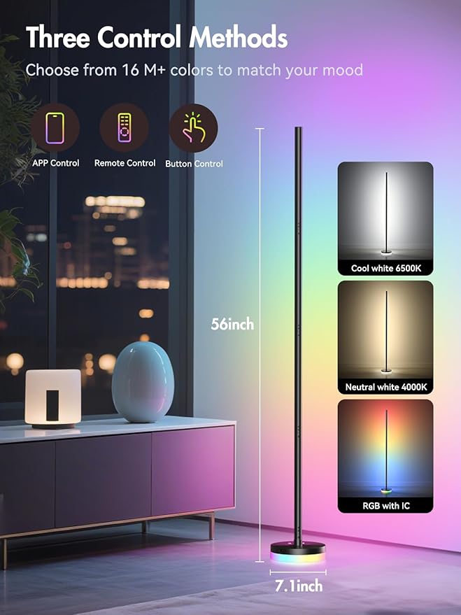 Corner Floor Lamp, RGBICW LED Corner Lamp with 1300lm Smart Modern Floor Lamp,App & Remote Control,Music Sync,Color Changing Standing Lamp for Bedroom Living Room and Gaming Rooms