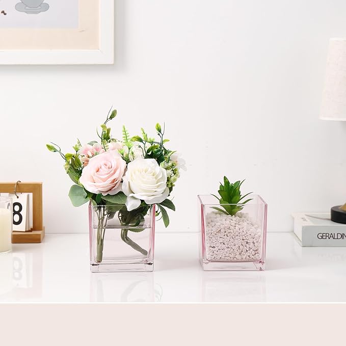 Square Glass Vases Set of 9, 4"x 4"x 4" Flower Vases for Centerpieces, Pink Glass Vase for Flowers, Small Vase for Wedding, Party, Home Office Decoration