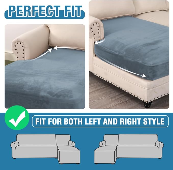 H.VERSAILTEX Velvet Stretch Individual Chaise Cover Sectional Couch Covers for L Shaped Sofa Both Left/Right Furniture Protector Seat Cushion Sofa Cover (1 Piece Chaise Cover, Stone Blue)
