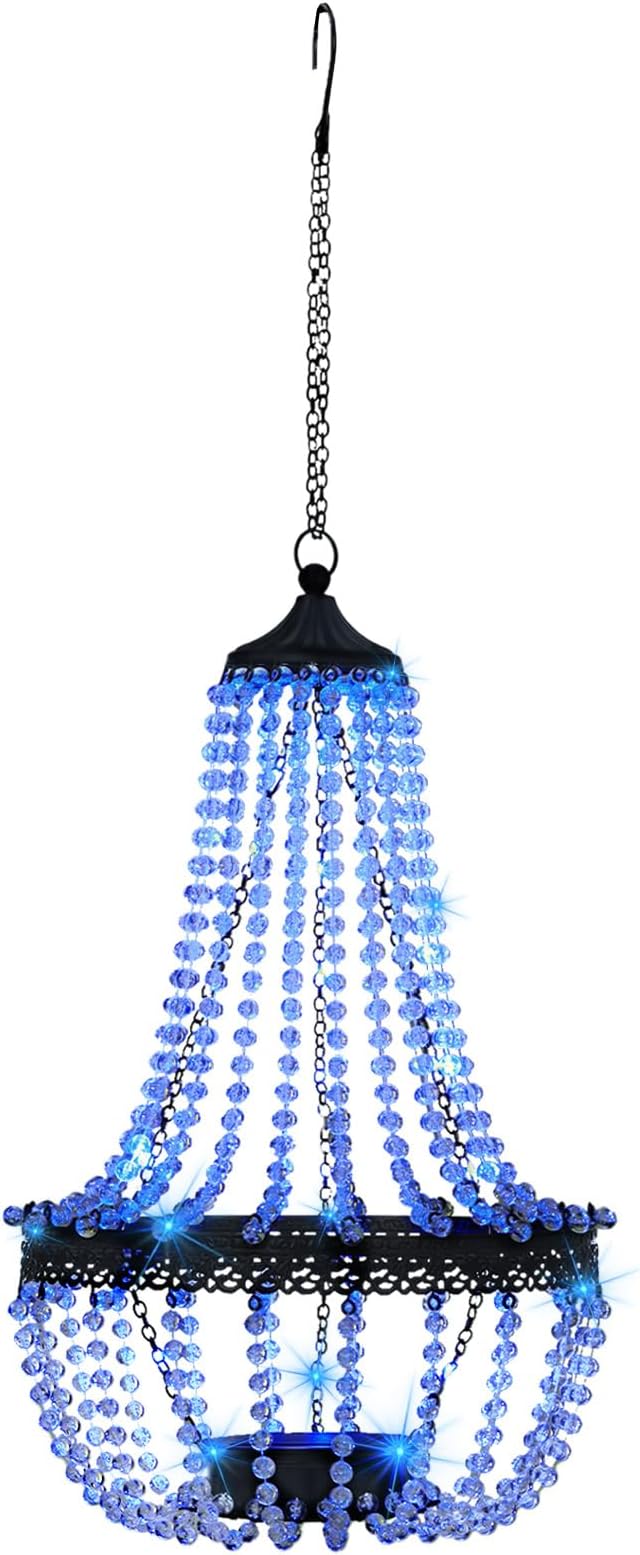 Hanging Solar Chandelier Outdoor, 30 Blue Lights Acrylic Clear Beaded Chandelier with S Hooks Modern Lantern for Garden Yard Patio Gazebo Decorations, 28”H