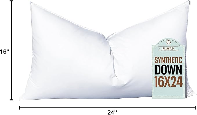 Pillowflex Synthetic Down Pillow Insert - 16x24 Down Alternative Pillow, Ultra Soft, Large Standard Rectangle, Lumbar, Back, Sleeping Pillow - 1 Decorative Pillow Form