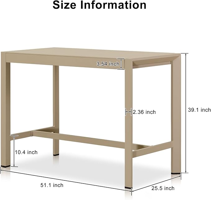 PURPLE LEAF 39.1'' Rectangle Outdoor Patio Counter Height Dining Table, Durable Aluminum Bar Height Pub Table for Counter Bar Stool, Water-Proof Tall Dining Table with Sturdy Legs, Champagne