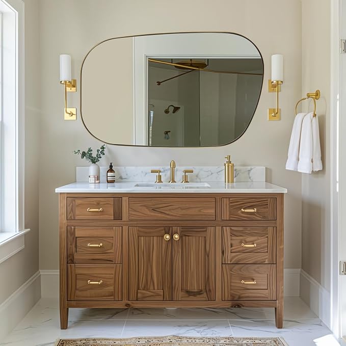 ANDY STAR 30"x48" Gold Wall Mirror，Brushed Brass Irregular Bathroom Mirror with Stainless Steel Metal Frame, Large Asymmetrical Mirror for Bathroom, Entryway (Horizontal/Vertical)