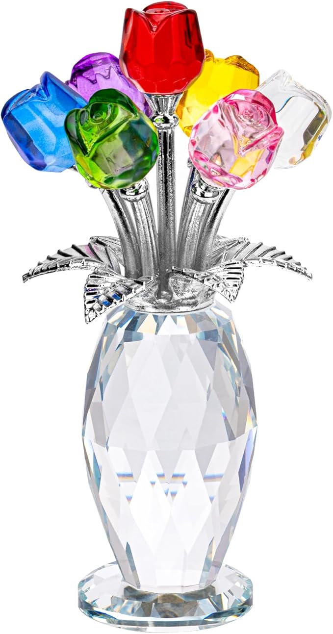 Glass Rose Flowers, Crystal Glass Figurines Rose Decorations for Home Gifts for Mom Wife Grandma, Crystal Flowers Collectible Ornament Mother's Day Thanksgiving Anniversary Birthday Gifts (Rainbow)