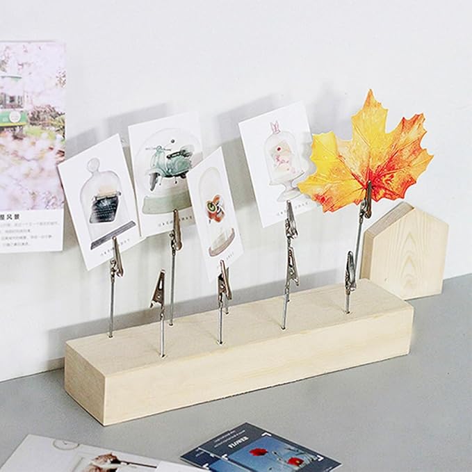 Mollytek Wood Desktop Photo Holder with Clips Multi Photo Display Stand Double Side Memos, Cards, Gallery Picture Display Stand with 9 Wire Clips (9 Clips)