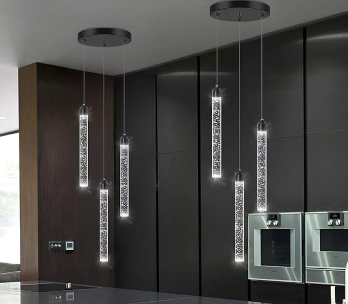 3 Light Black Pendant Lighting Mini Chandelier for Kitchen Island Modern Crystal LED Pendant Light Adjustable Dimmable Pendant Light Fixture for Dinning Room Bedroom Ceiling Hanging Lights 2700K 6000K