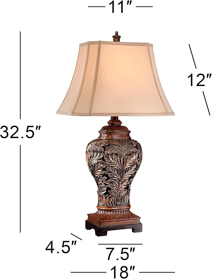 Barnes and Ivy Leafwork Vase 32 1/2" Tall Large Traditional End Table Lamp Brown Wood Finish Single Tan Rectangular Shade Living Room Bedroom Bedside Nightstand House Office Home Reading Kitchen