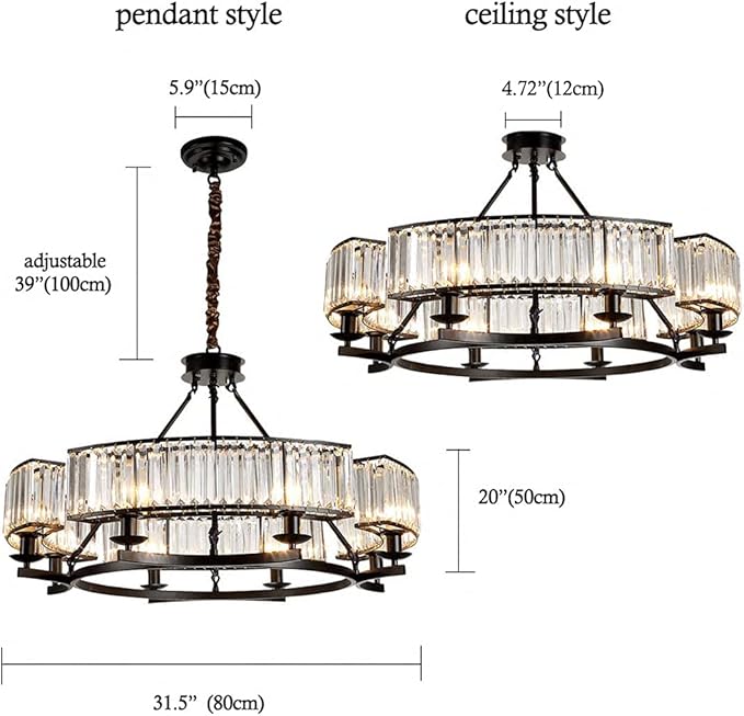 Farmhouse Crytal Chandeliers Dining Room Pendant Light Fixture Black Chandelier with K9 Crystal for Living Room Dining Room Foyer High Ceiling