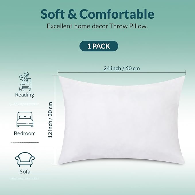 ROYALE LINENS 12 X 24 Pillow Insert - Down Alternative Throw Pillows Insert - Rectangle Pillow Pack of 1 White - Bed & Couch Pillows - Inner Cushion for Bed, Cushion for Living Room - Shams Stuffer