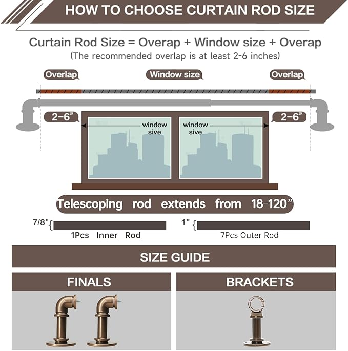 Industrial Curtain Rods 18 to 120 in,Blackout Curtain Rod,Adjustable Length,1 in Diameter Pipe,Wall or Ceiling Mounted,for Bedroom and Living Room (Coffee Gold 18” to 120”)