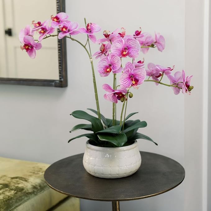 CG Hunter Faux Purple Orchid Plant, Premium Artificial Indoor Flower Display Stands 23”, Beautiful Sculptural Blooms That Lasts Forever, White Planter Pot Included