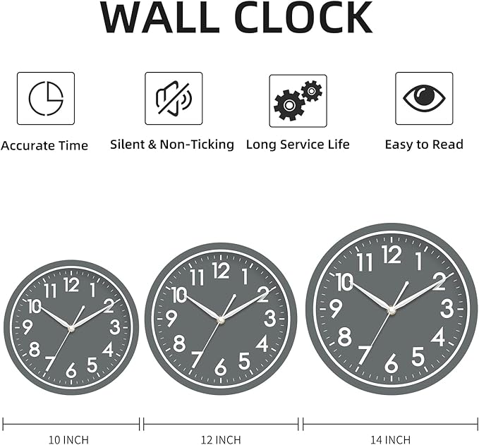 AKCISOT Wall Clock Bathroom 10 Inch Analog Small Wall Clocks Battery Operated - Silent Non Ticking Modern Simple Style Clock Decorative for Kitchen,Bedroom,Home Office,Living Room,School(Gray)