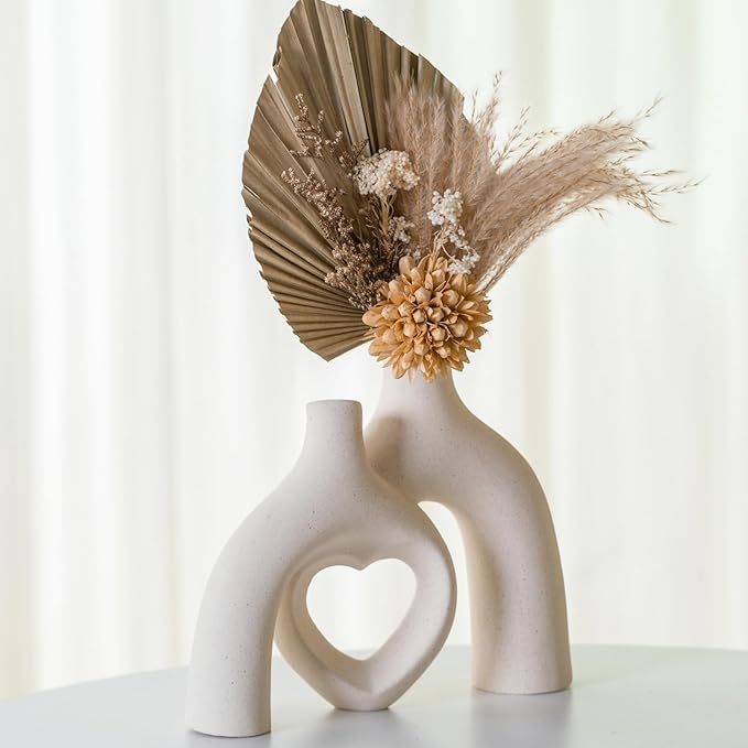 Snuggle Hollow Ceramic Decorative Vase, Modern Minimalist Nordic Boho Ins Style Vases for Home Decor Living Room Shelf Entryway Coffee Table or Console Décor (Matte Milky White)