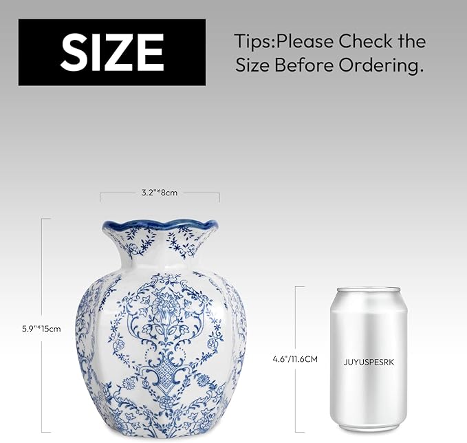 Chinoiserie Vase,6 inch Blue and White Vase,Vintage Ceramic Vases,Flower Vase for Centerpiece,Chinese Cute Vases for Living Room, Office,Home Decor (Blue White, Small)