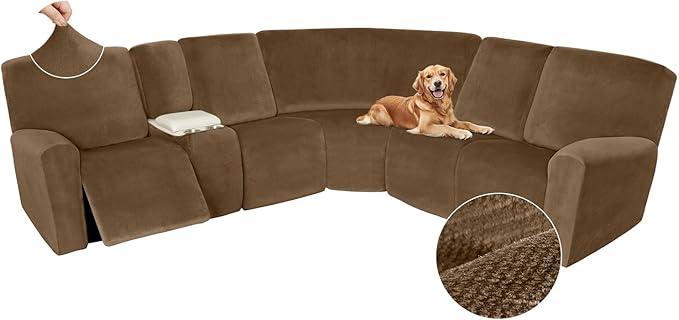 Arfntevss Sectional Recliner Couch Covers Velvet Washable Corner Sectional Sofa Cover for Reclining Stretch Soft Thick L Shape Recliner Slipcover Set (5 Seat with 1 Console Cover, Light Brown)