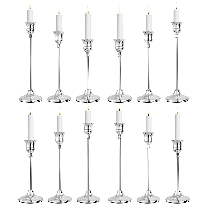 CHILL RECIPE Silver Taper Candle Stick Holders Tall Candle Holder, Vintage Candlesticks Holder Bulk for Home Decor Table Centerpiece Dining Party Festival Decorations (4 Set 12Pcs)