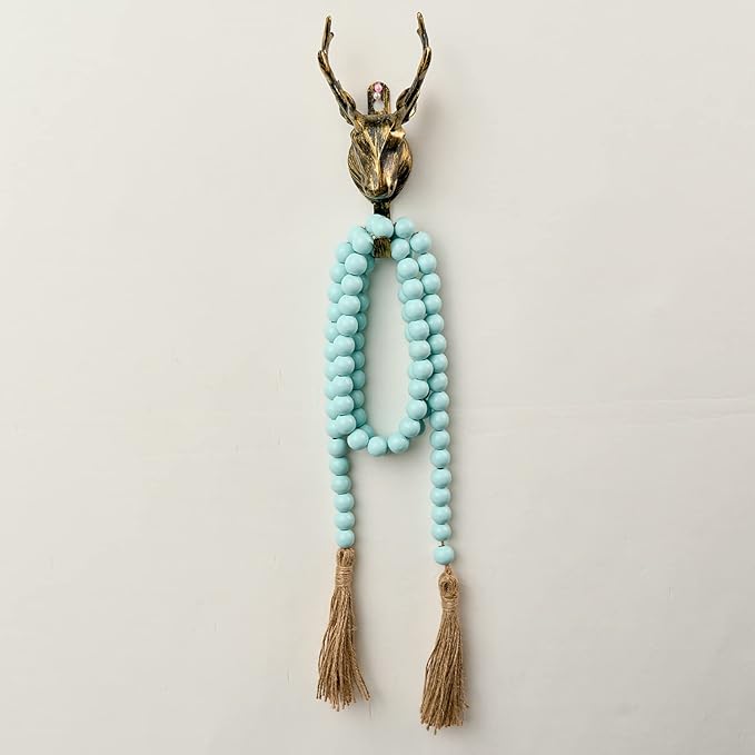 OMISHE 59in Wood Bead Garland with Tassels, Decorative Beads, Farmhouse Wooden Beads Garland for Wall Hanging Home Festival Decor, Aqua, Teal