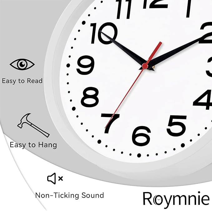 Wall Clock Silent Non-Ticking Modern Clock Battery Operated 10 Inch Small Classic Analog Decorative for Kitchen, Living Room, Office, Bedroom, Bathroom (White)