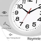 Wall Clock Silent Non-Ticking Modern Clock Battery Operated 10 Inch Small Classic Analog Decorative for Kitchen, Living Room, Office, Bedroom, Bathroom (White)