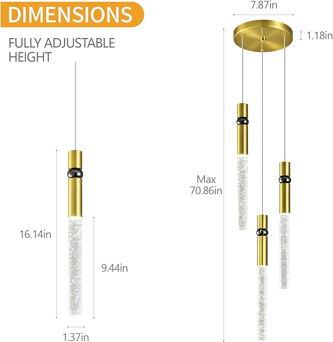 Pendant Lights Kitchen Island Light Fixtures Dimmable LED Modern Pendant Light with Bubble Crystal Pendant Lighting for Kitchen Bedroom Hallway Entryway (Gold 3-Light)