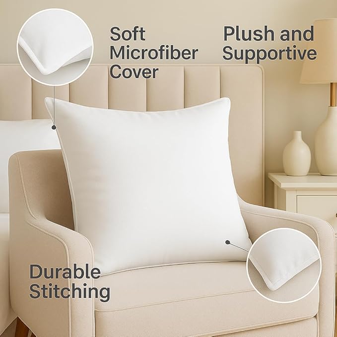 18x18 Throw Pillow Inserts Set of 2 – Decorative Feather Down Cushion Pads for Couch, Sofa & Bed, White Square Pillow Inserts, Machine Washable
