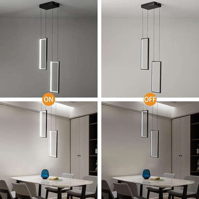 Modern Kitchen Pendant Light Fixture Black 18W LED Pendant Light 2 Rings Rectangle Chandelier Pendant Lighting for Kitchen Island Living Room Dining Room Bedroom