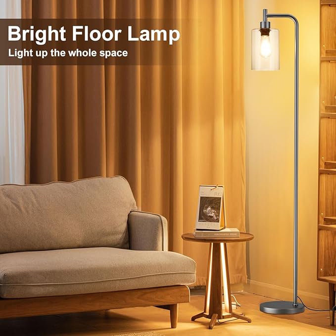Floor Lamps for Living Room - Industrial Standing Lamp with Glass Shade, Modern Grey Floor Lamp with LED Bulb, Farmhouse Floor Lamp for Bedroom, Tall Lamp for Office - Grey