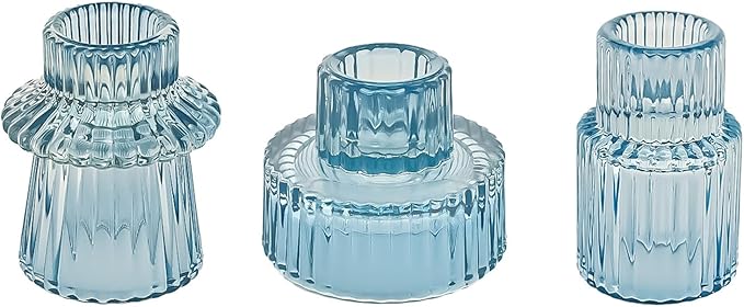 Double Sided Vintage Ribbed Taper Glass Candle Holders,Tea Candle Holder for Table Centerpieces, Wedding Decorations and Dinner Parties (Bule, 3 PCS)