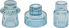 Double Sided Vintage Ribbed Taper Glass Candle Holders,Tea Candle Holder for Table Centerpieces, Wedding Decorations and Dinner Parties (Bule, 3 PCS)