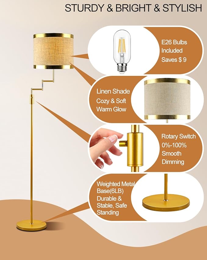 Lightdot 70IN Gold Floor Lamp Dimmable Linen Shade LED Floor Lamps with 3000K for Wedding/Party,350 Degree Swing Arms, Modern Tall Lamp for for Reading, Sewing, and Craft (Bulbs Included)
