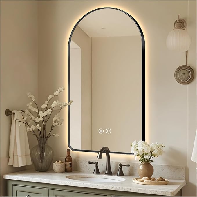 36" x 24" Arched LED Bathroom Mirror, Brushed Black Framed, Backlit Vanity Mirror with Lights, Wall Mounted Lighted Mirror, Dimmable 3-Color Shatter-Proof Arch Smart Mirror, UL-Listed, CRI≥93